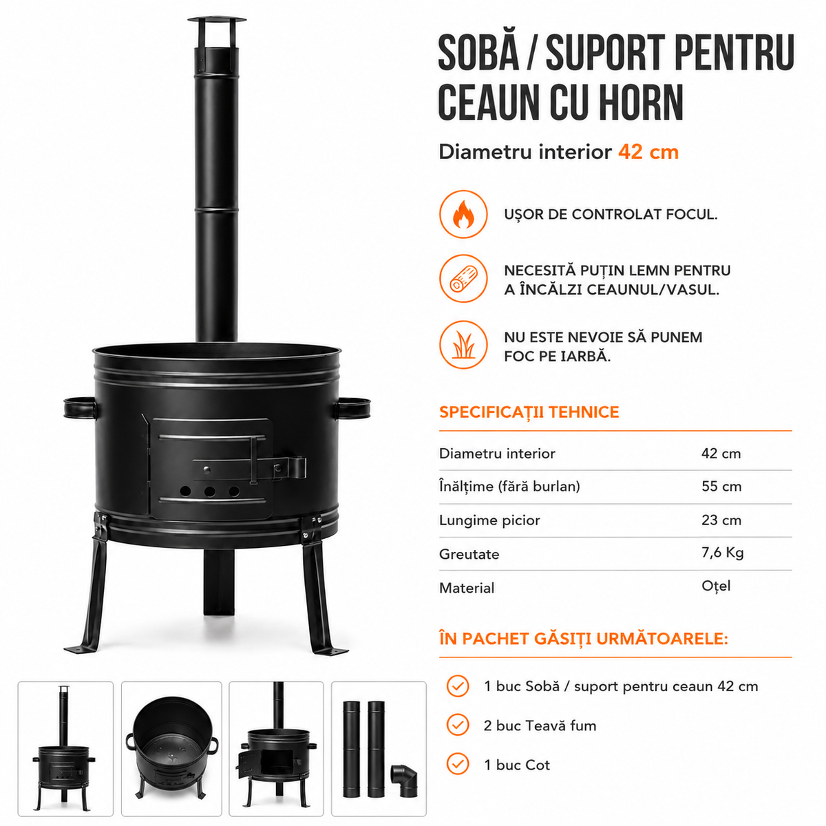 Soba / Suport pentru Ceaun cu Horn, Otel, Diametru Interior 42 cm