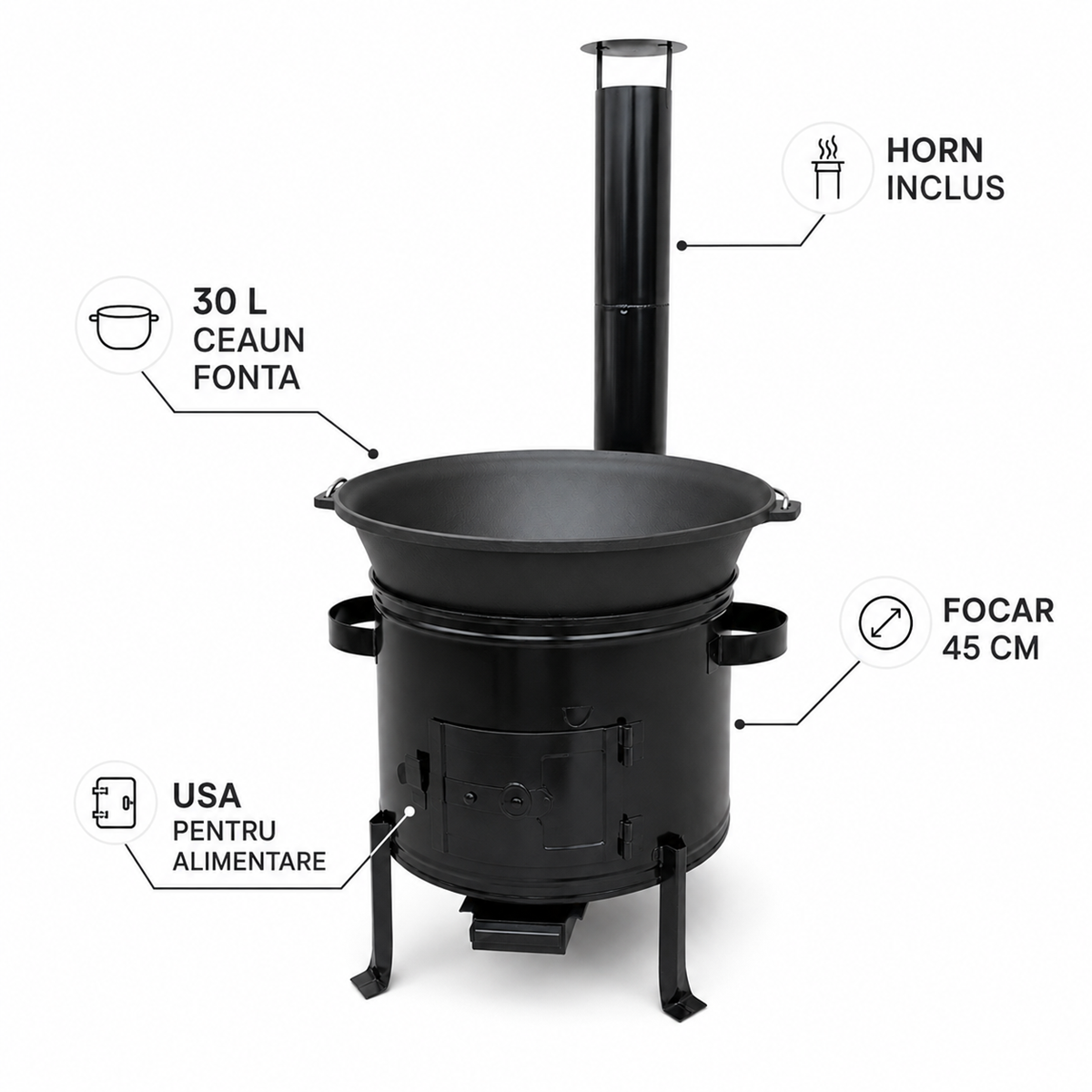 Ceaun Fonta 30L cu Focar 45 cm si Horn pentru Gatit Traditional