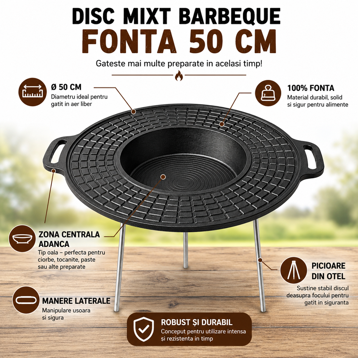 Disc Gratar Fonta Xelon 50 cm cu Oala Centrala si Picioare