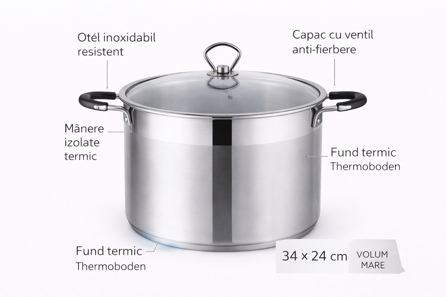 Oala Inox Royalty Line 34 x 24 cm, 18L, Capac Sticla cu Ventil