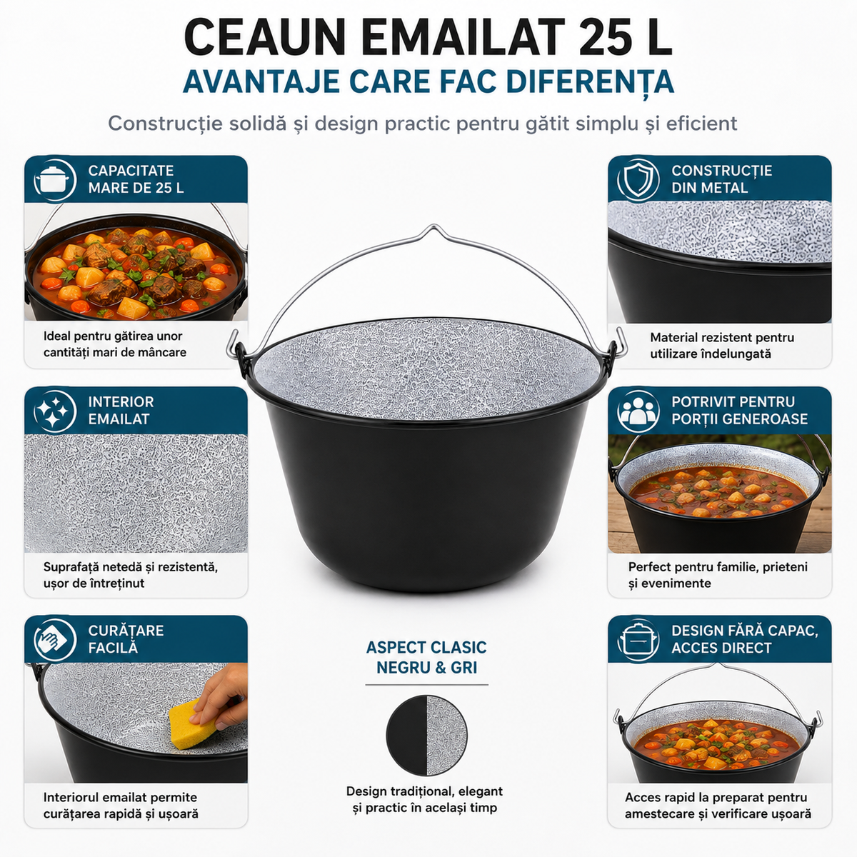 Ceaun Emailat 25 L din Metal, Interior Emailat, Negru & Gri