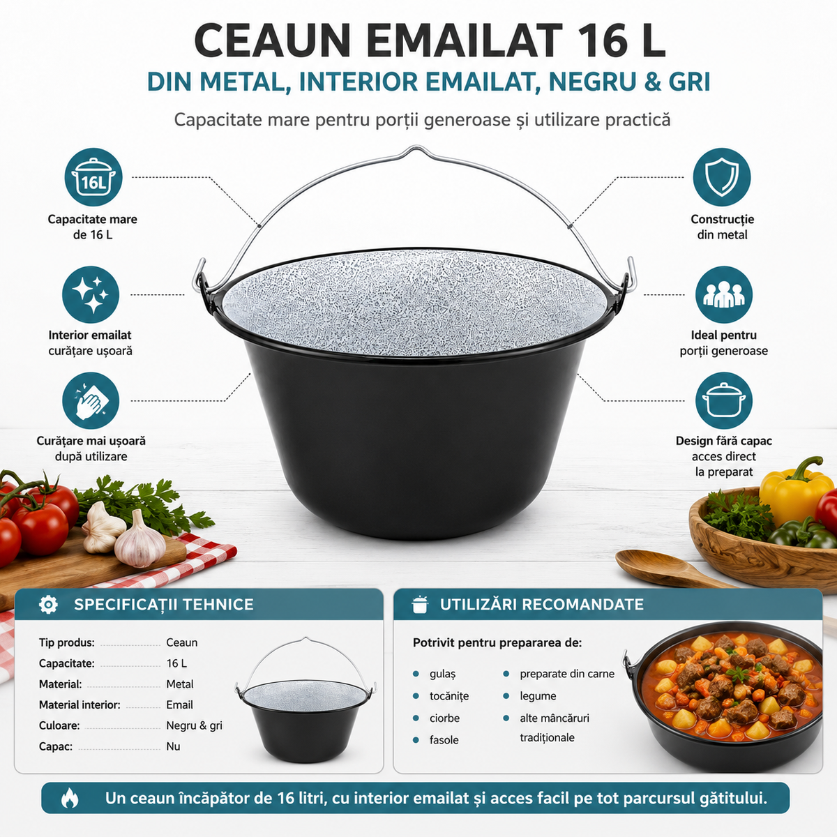 Ceaun Emailat 16 L din Metal, Interior Emailat, Negru & Gri