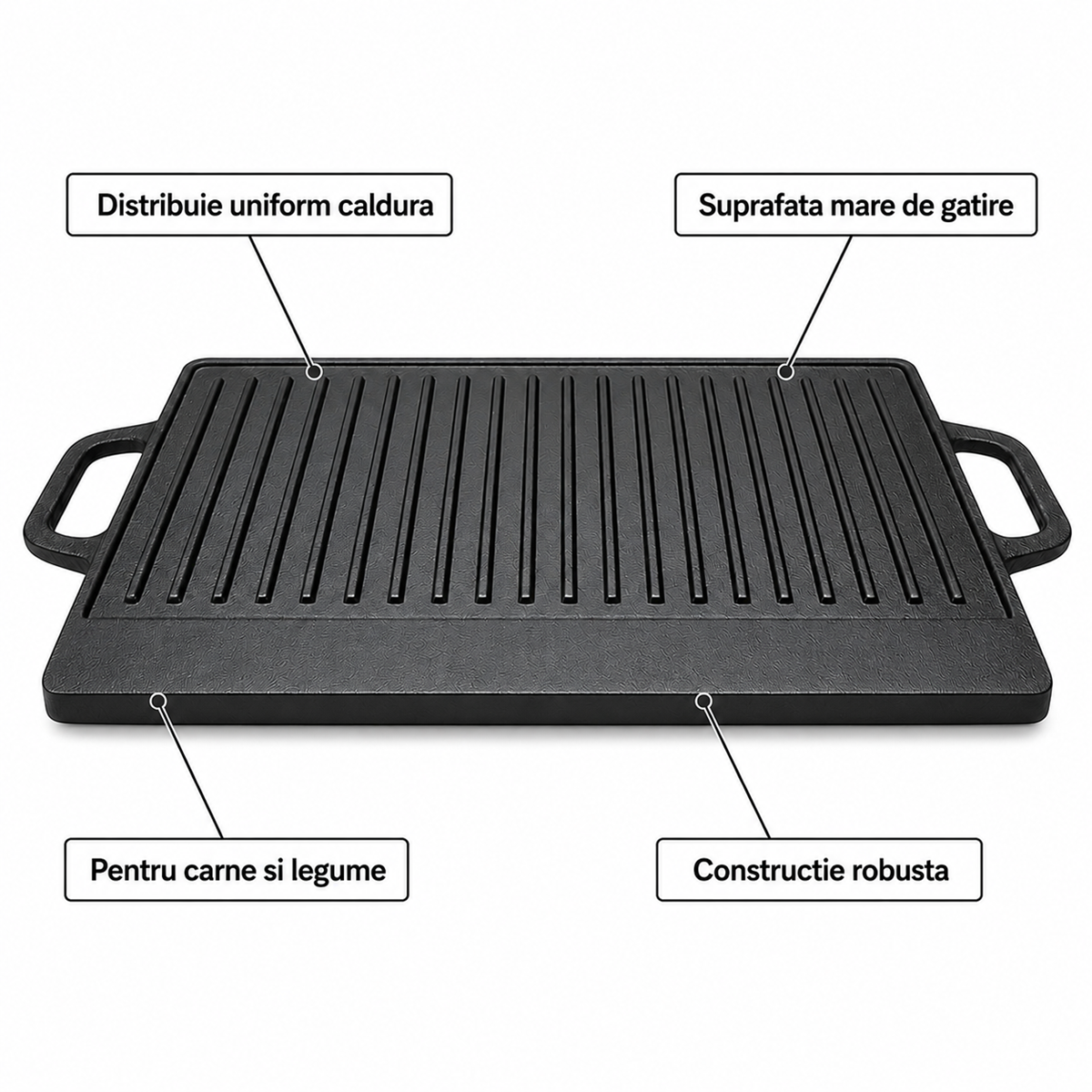 Plita Grill din Fonta 50x23 cm cu Manere, Suprafata Striata