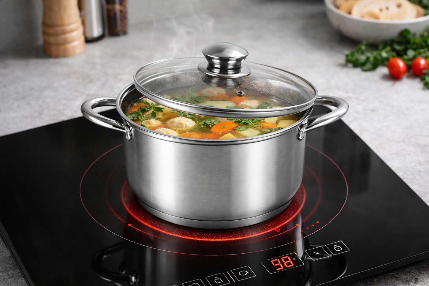 Oala Inox 6.4L, 24 cm, Capac Sticla, Compatibila Inductie