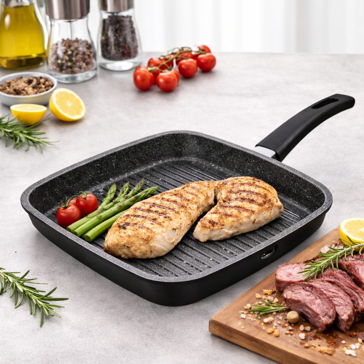 Tigaie Grill Patrata 28 cm, Antiaderenta Marble, Compatibila Inductie
