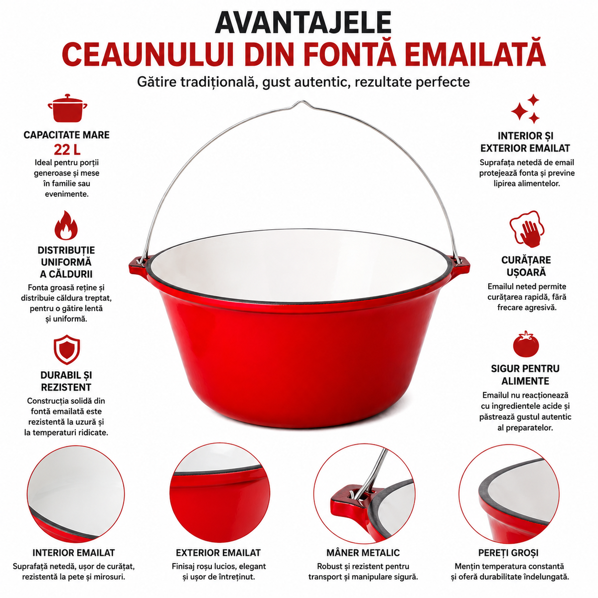 Ceaun din Fonta Emailata Rosie 22 L, Diametru 49 cm