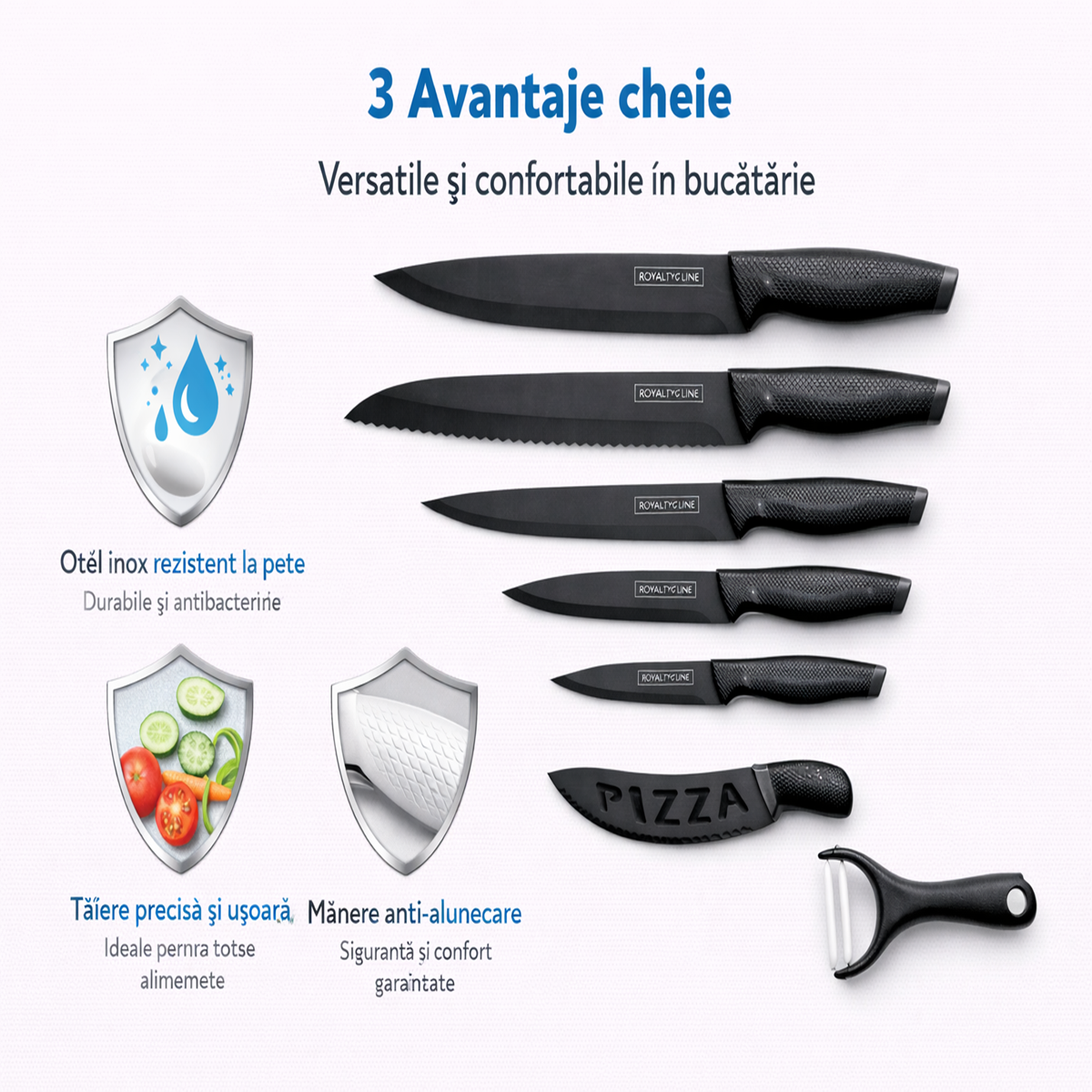 Set Cutite Bucatarie Royalty Line, 7 Piese, Inox cu Strat Antiaderent, Peeler Ceramic Inclus