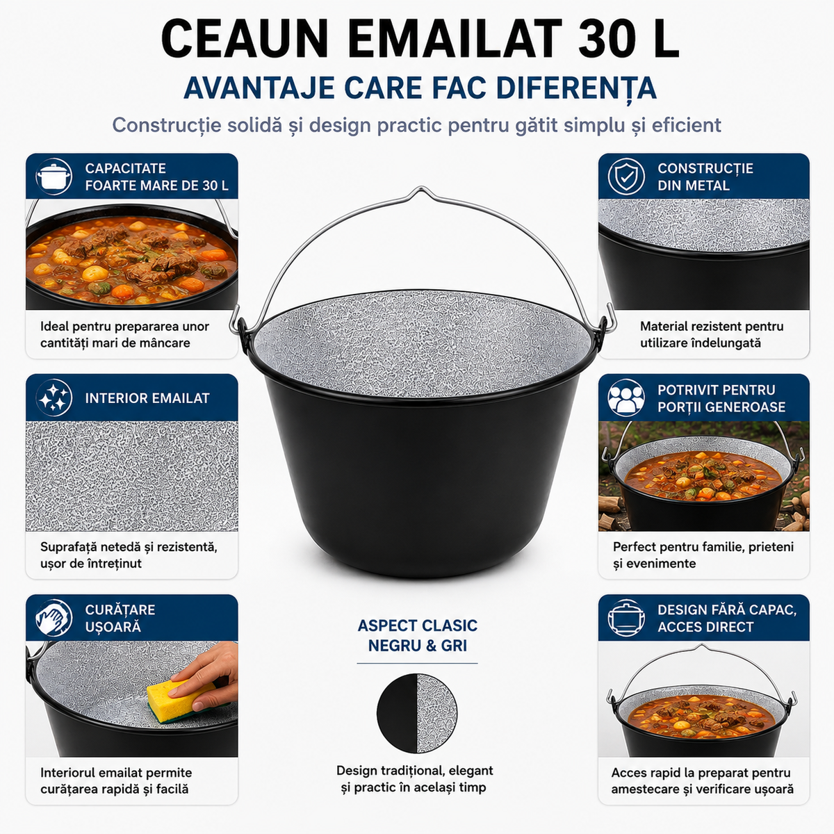 Ceaun Emailat 30 L din Metal, Interior Emailat, Negru & Gri