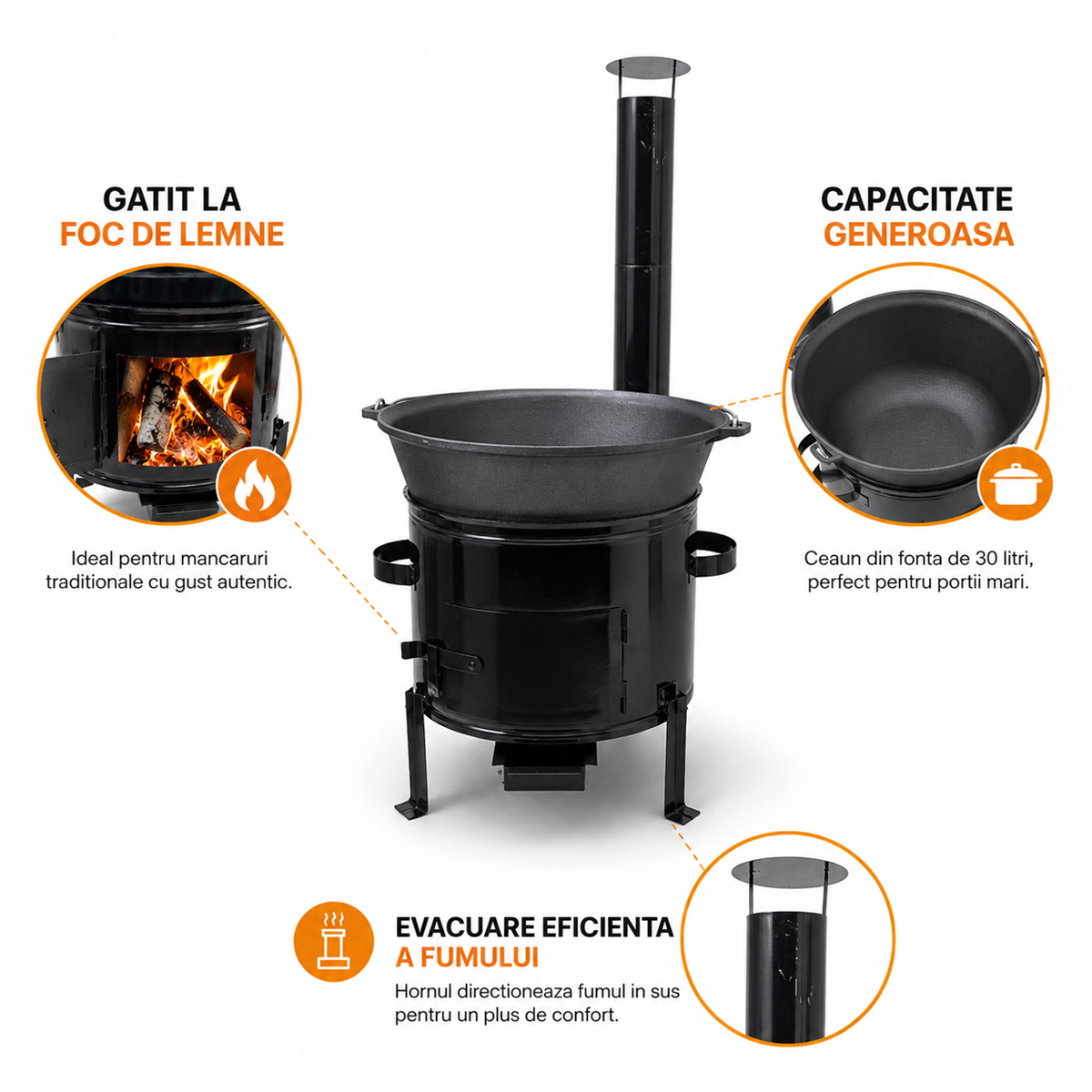 Ceaun Fonta 30L cu Focar 45 cm si Horn pentru Gatit Traditional