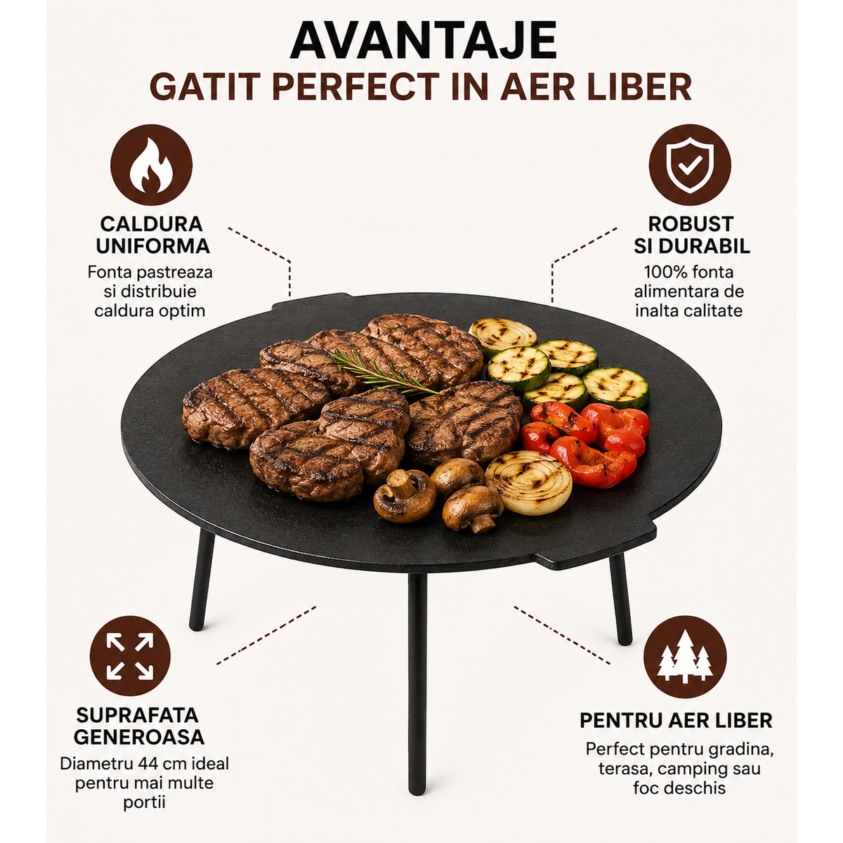 Disc Gratar Fonta Xelon 44 cm cu Picioare pentru Gatit la Foc