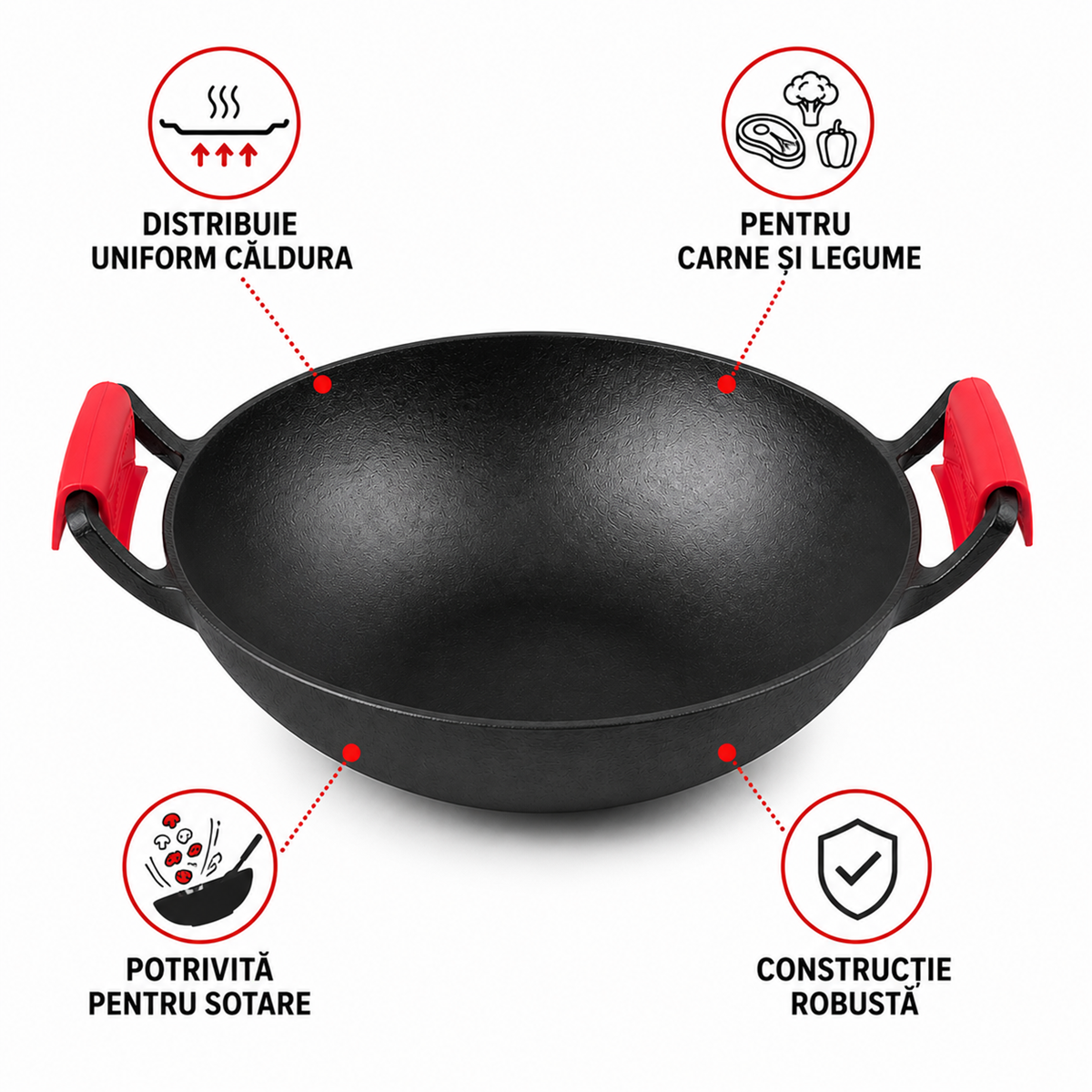 WOK din Fonta 36 cm cu Manere, pentru Gatit si Sotare