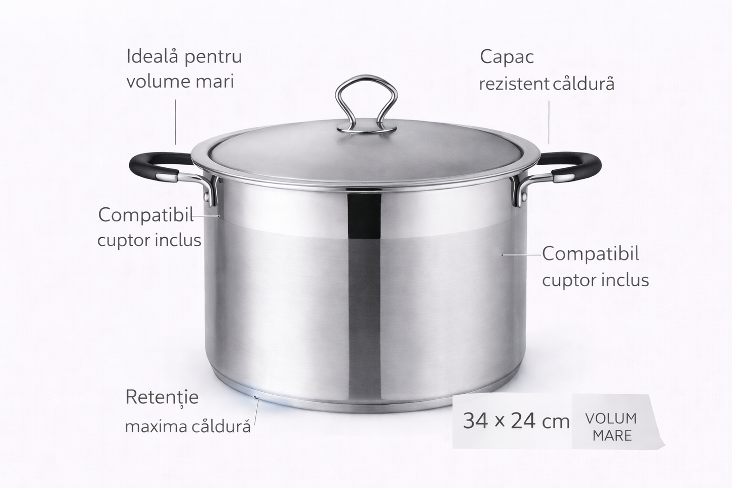 Oala Inox 22L cu Capac Metalic, 34 x 24 cm, Fund Termic