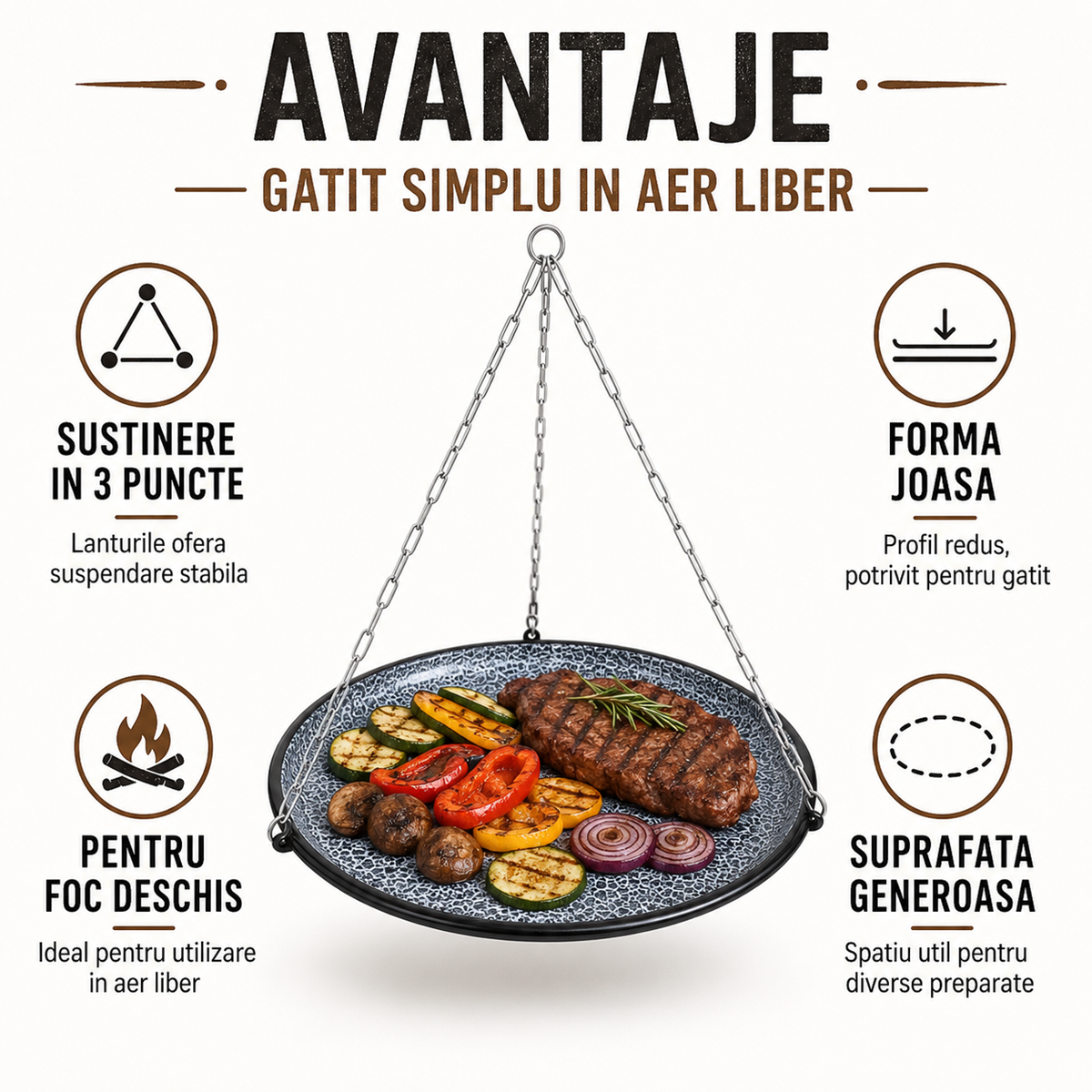 Disc Gratar Suspendat cu 3 Lanturi, Rotund, Tip Tava pentru Foc