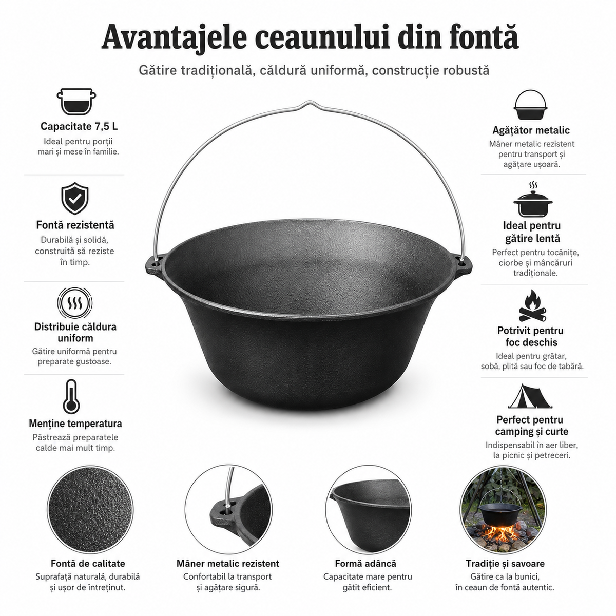 Ceaun din Fonta 7,5 L cu Agatator, Diametru 31 cm