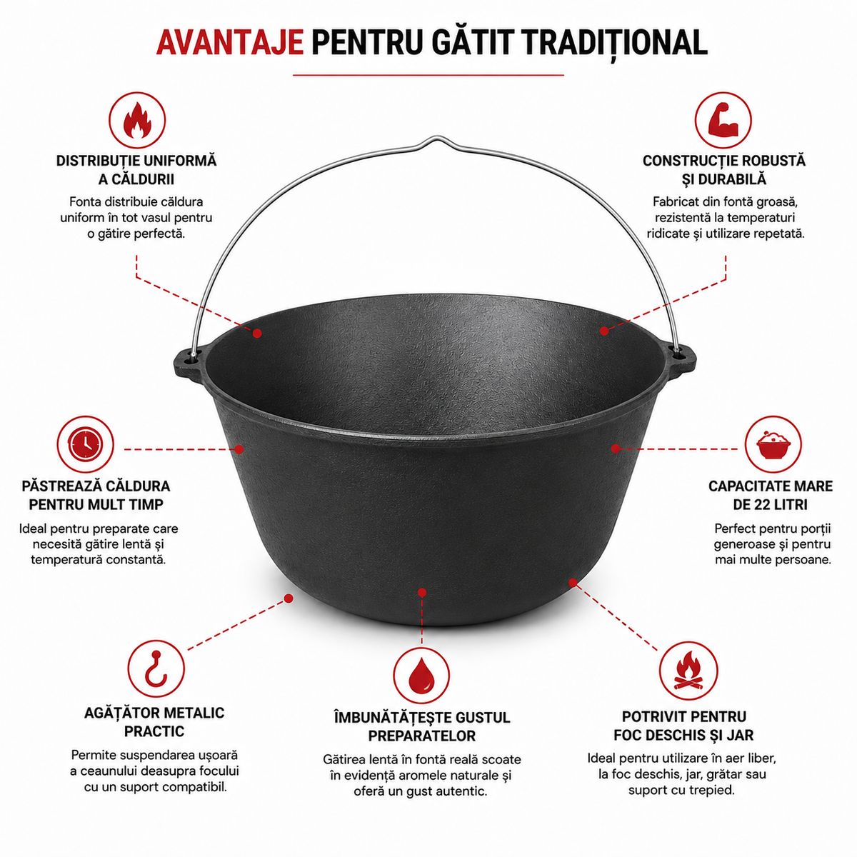 Ceaun din Fonta 22 L cu Agatator, Diametru 49 cm