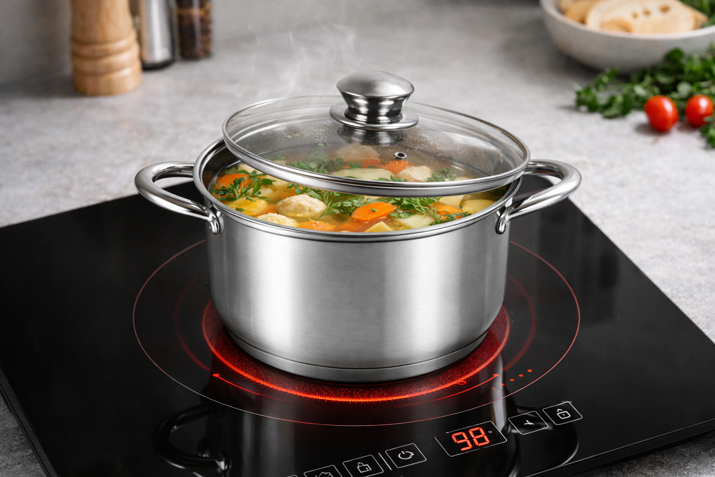 Oala Inox 1.8L, 16 cm, Capac Sticla Termorezistenta, Compatibila Inductie