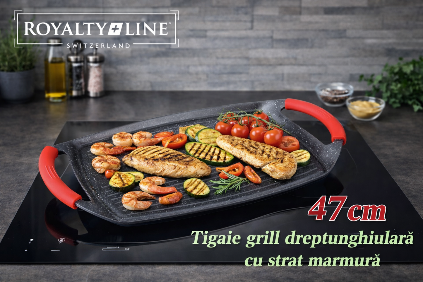 Tigaie Grill Dreptunghiulara 47 cm, Strat Marmura, Compatibila Inductie, Royalty Line