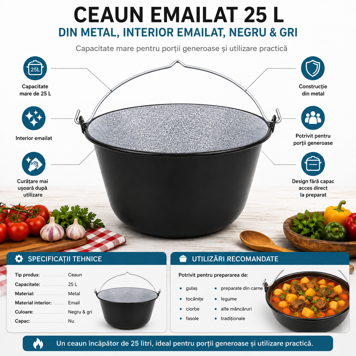 Ceaun Emailat 25 L din Metal, Interior Emailat, Negru & Gri