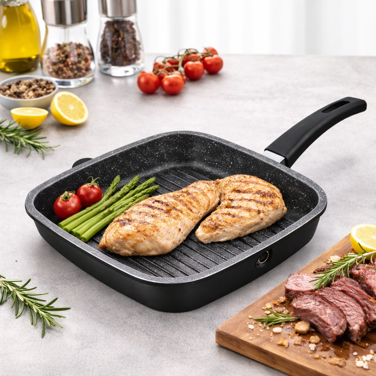 Tigaie Grill Patrata 24 cm, Antiaderenta Marble, Compatibila Inductie