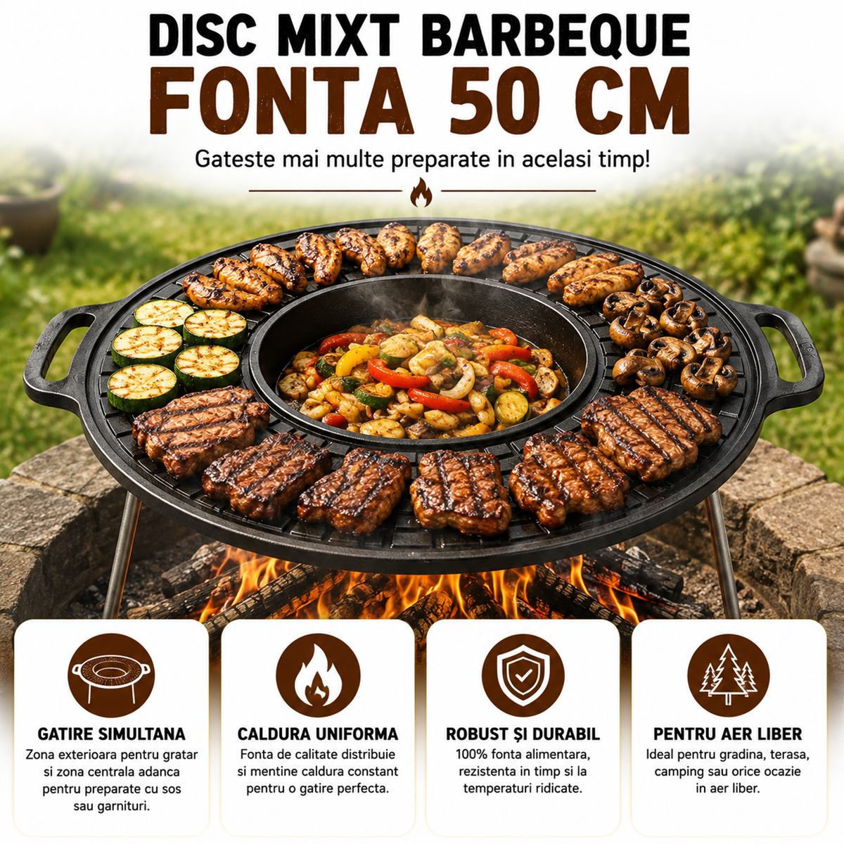 Disc Gratar Fonta Xelon 50 cm cu Oala Centrala si Picioare