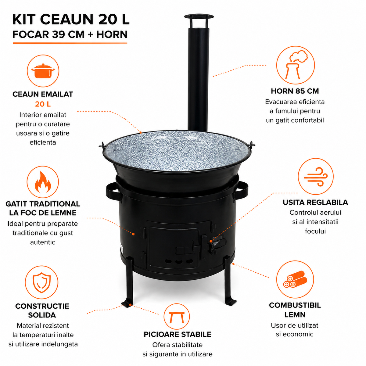 Set Ceaun Emailat 20L cu Focar 39 cm si Horn pentru Gatit