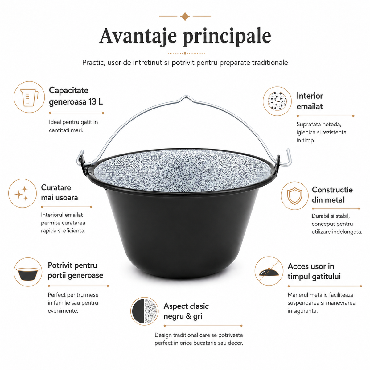 Ceaun Emailat 13 L din Metal, Interior Emailat, Negru & Gri