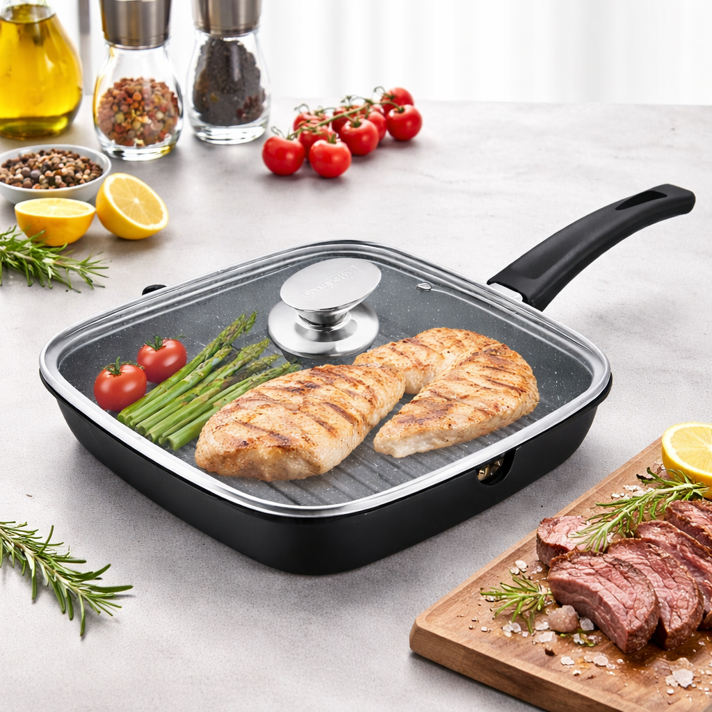 Tigaie Grill Patrata 24 cm, Capac Sticla, Aluminiu Turnat, Royalty Line