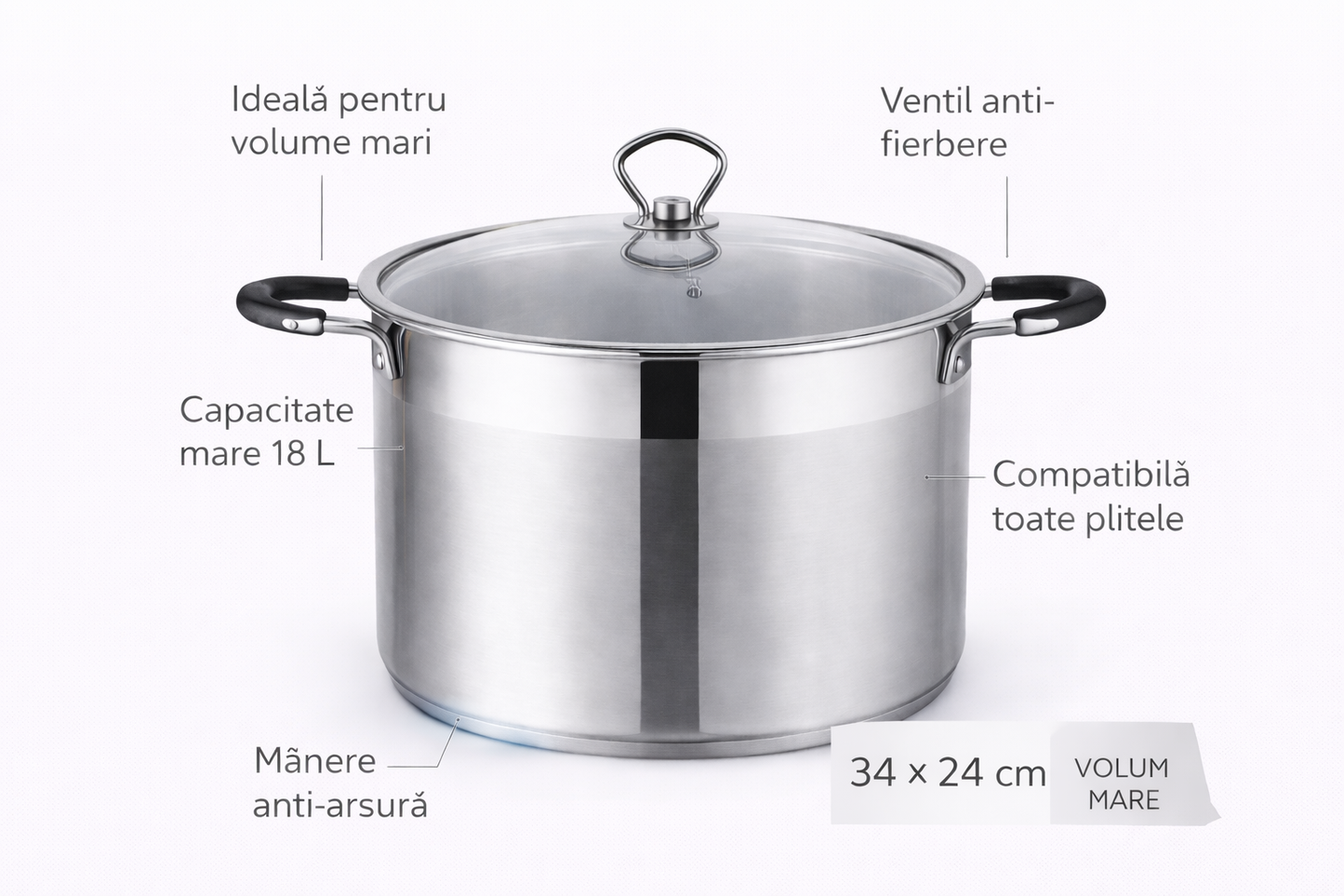 Oala Inox Royalty Line 34 x 24 cm, 18L, Capac Sticla cu Ventil