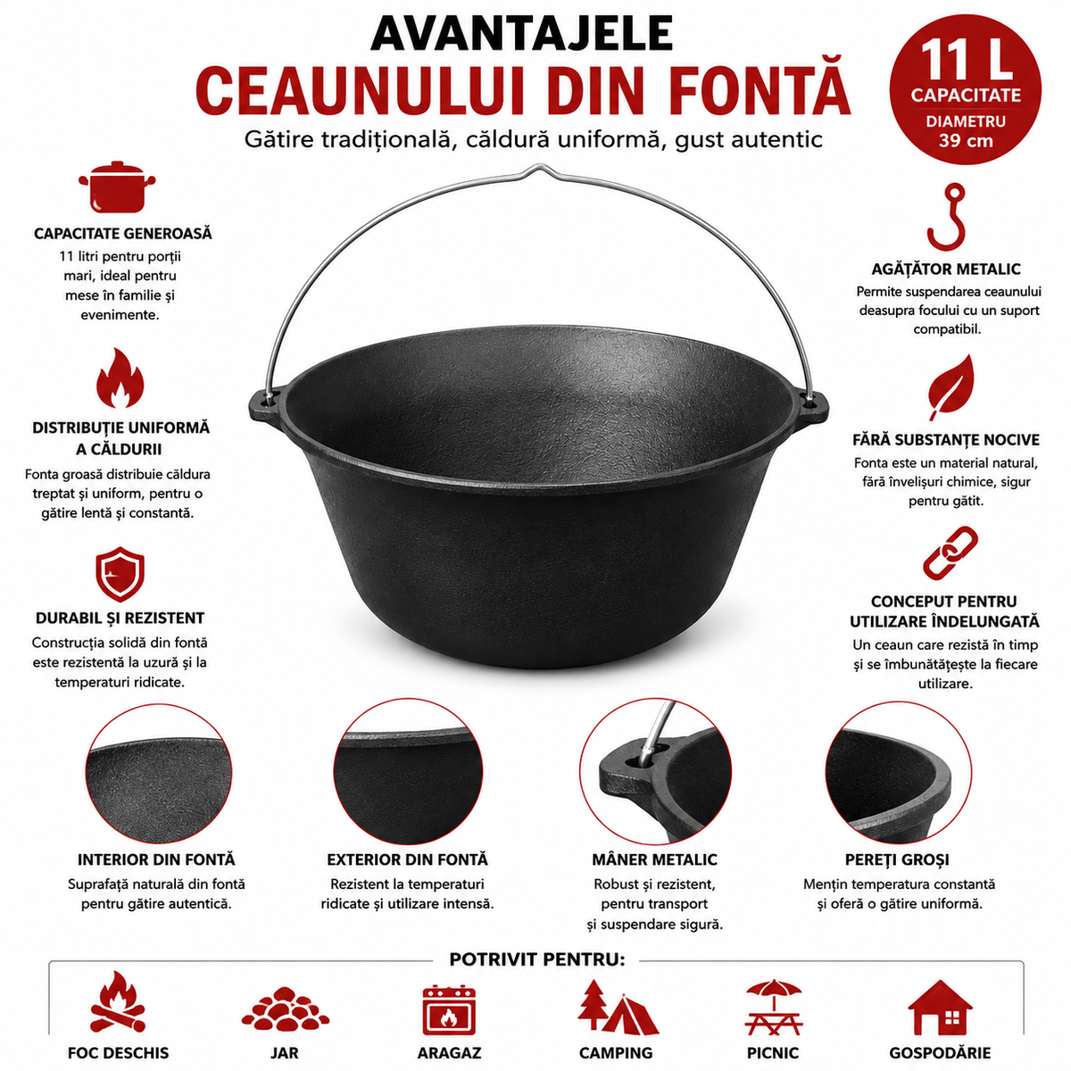 Ceaun din Fonta 11 L cu Agatator, Diametru 39 cm