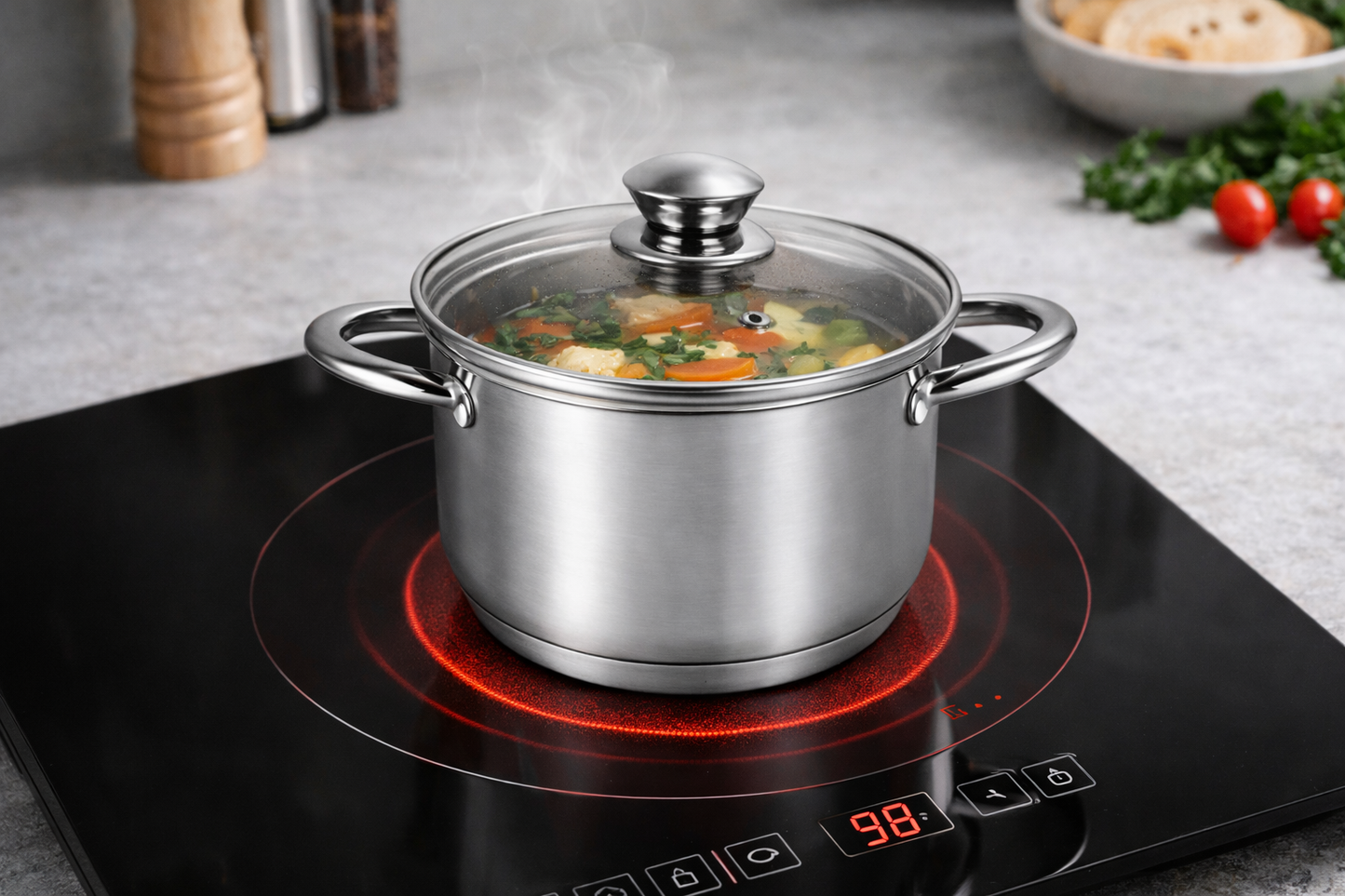Oala Inox 2.6L, 18 cm, Capac Sticla Termorezistenta, Compatibila Inductie