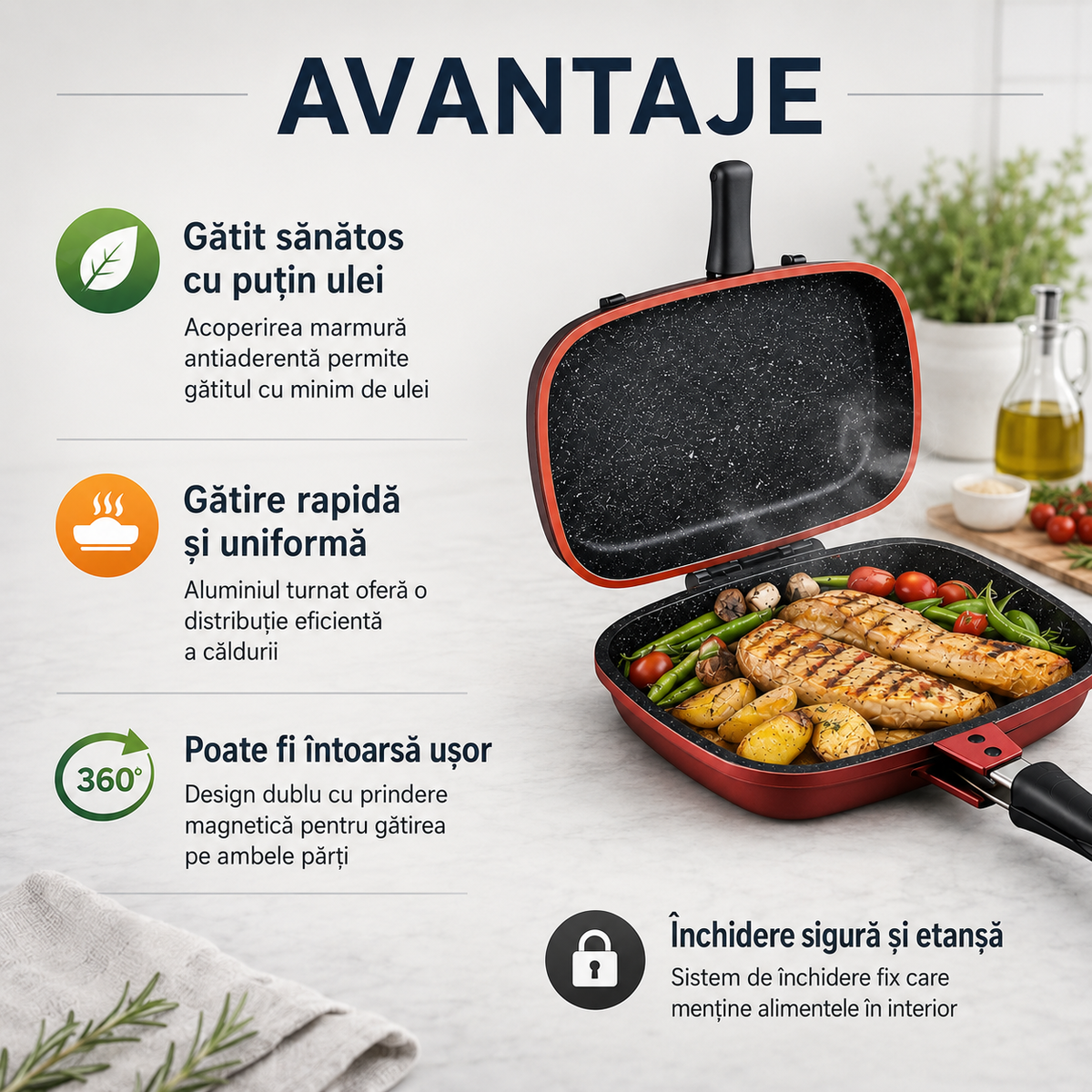 Tigaie Dubla Grill 28 cm, Marmura Antiaderenta, Aluminiu Turnat