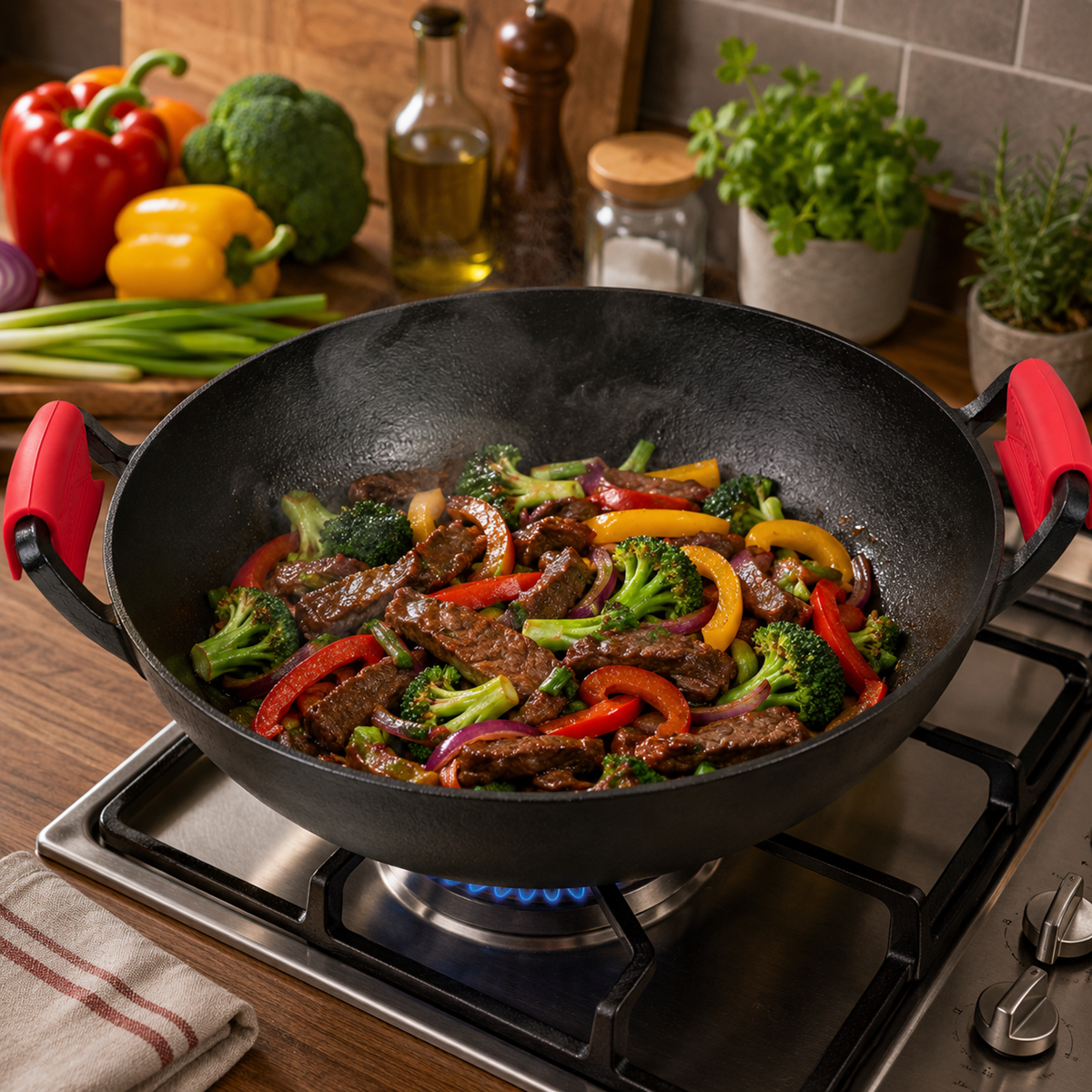 WOK din Fonta 36 cm cu Manere, pentru Gatit si Sotare