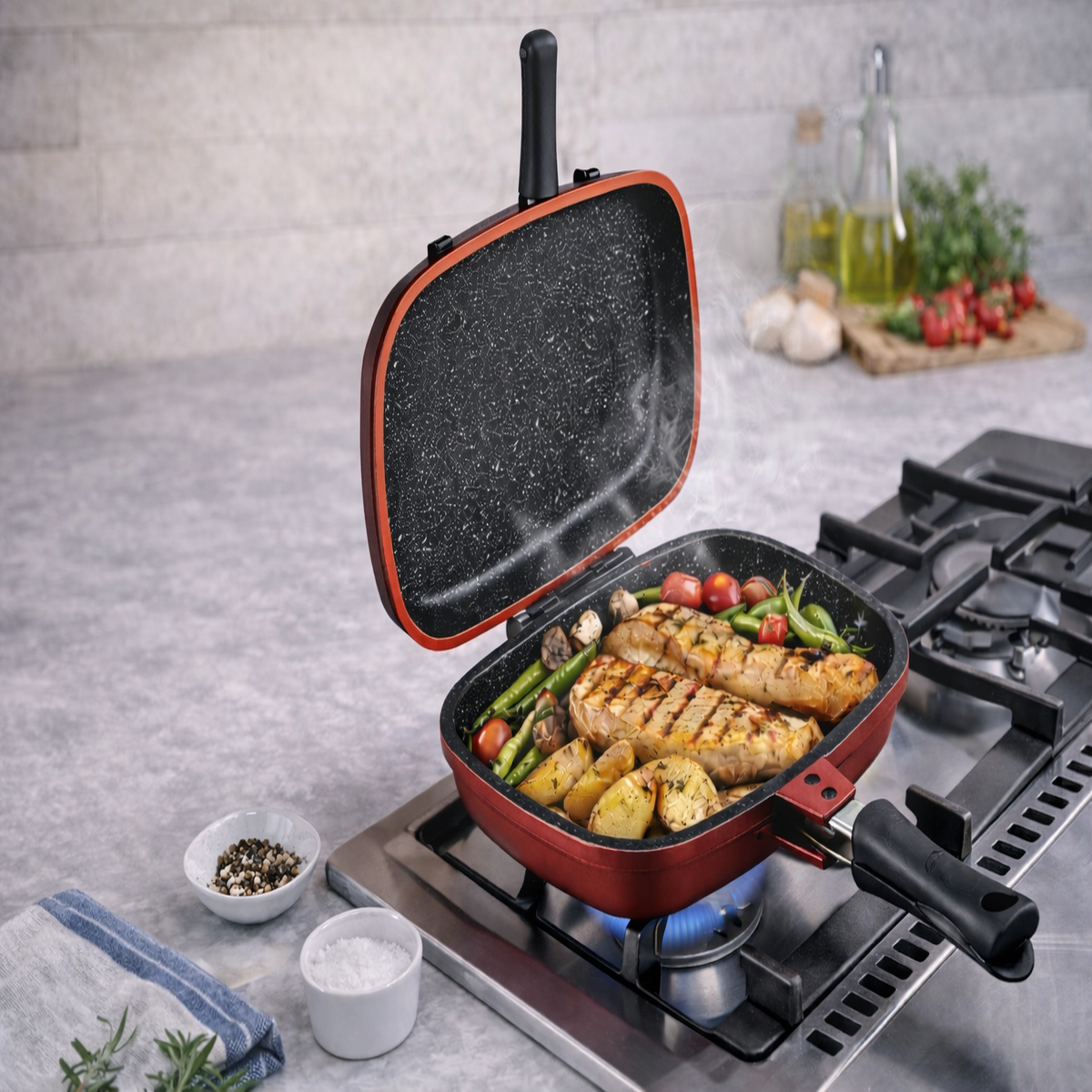 Tigaie Dubla Grill 28 cm, Marmura Antiaderenta, Aluminiu Turnat