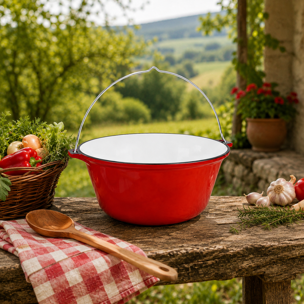 Ceaun din Fonta Emailata Rosie 7,5 L, cu Agatator