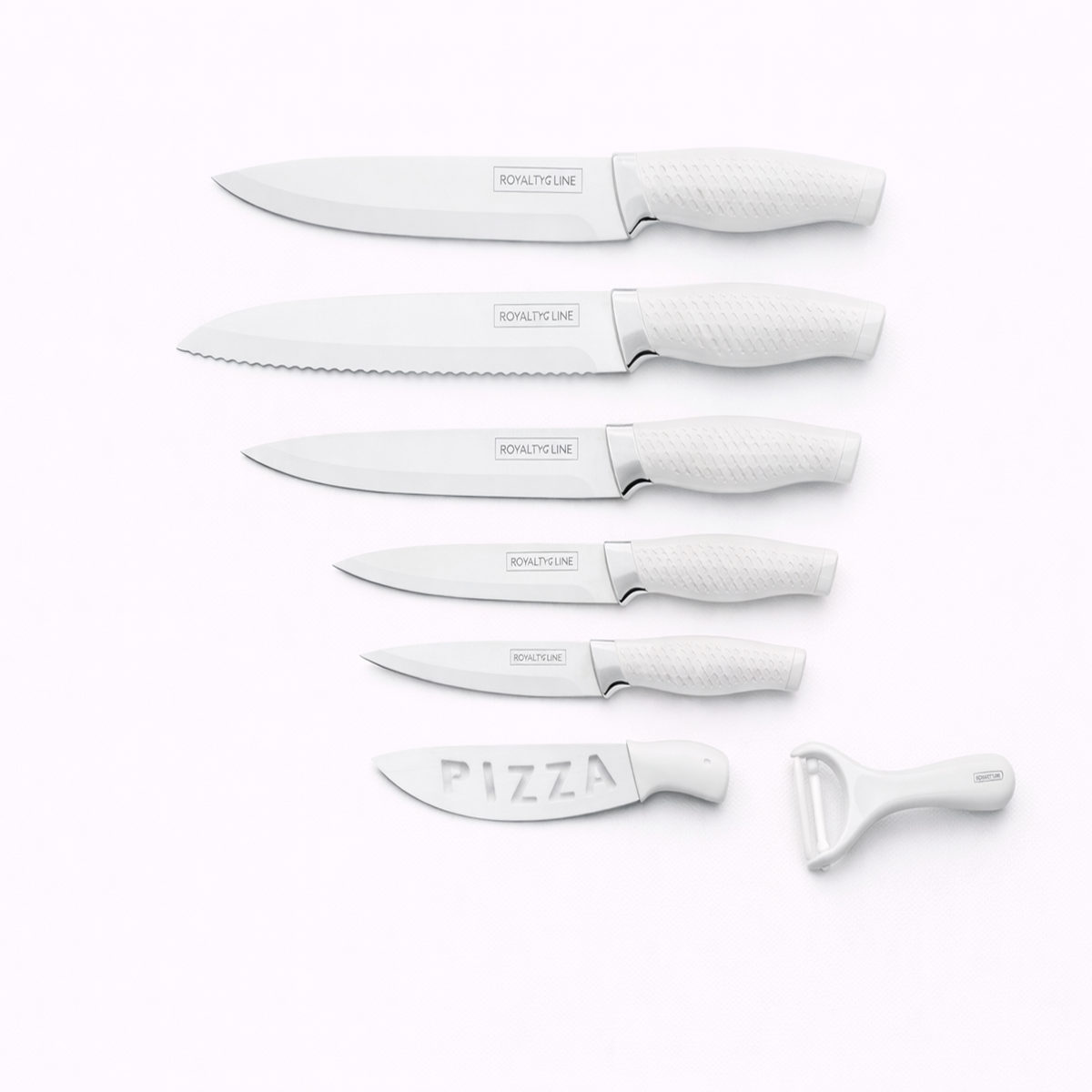 Set Cutite Bucatarie Royalty Line, 7 Piese, Inox cu Strat Antiaderent, Alb, Peeler Ceramic Inclus