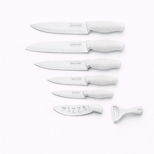 Set Cutite Bucatarie Royalty Line, 7 Piese, Inox cu Strat Antiaderent, Alb, Peeler Ceramic Inclus
