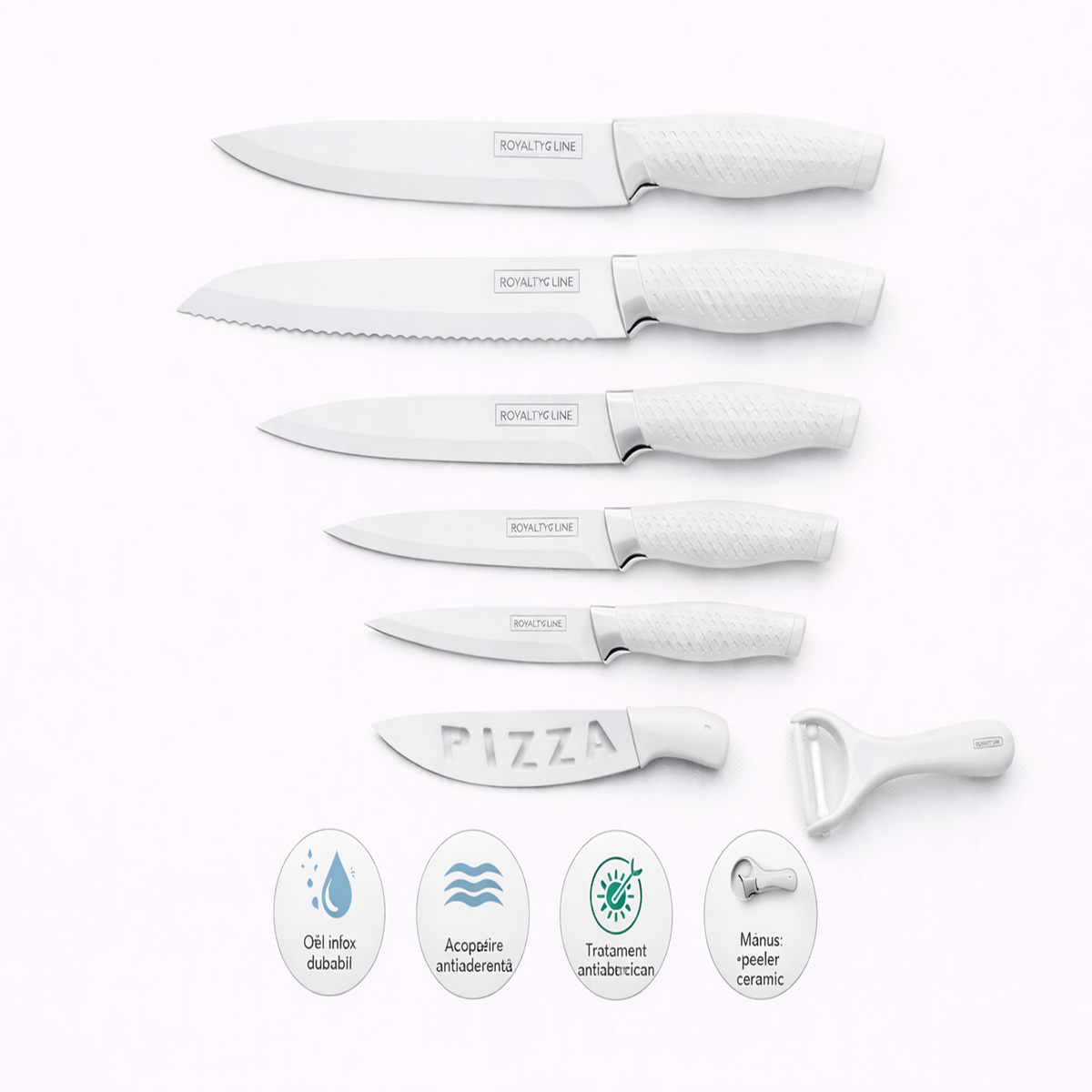 Set Cutite Bucatarie Royalty Line, 7 Piese, Inox cu Strat Antiaderent, Alb, Peeler Ceramic Inclus