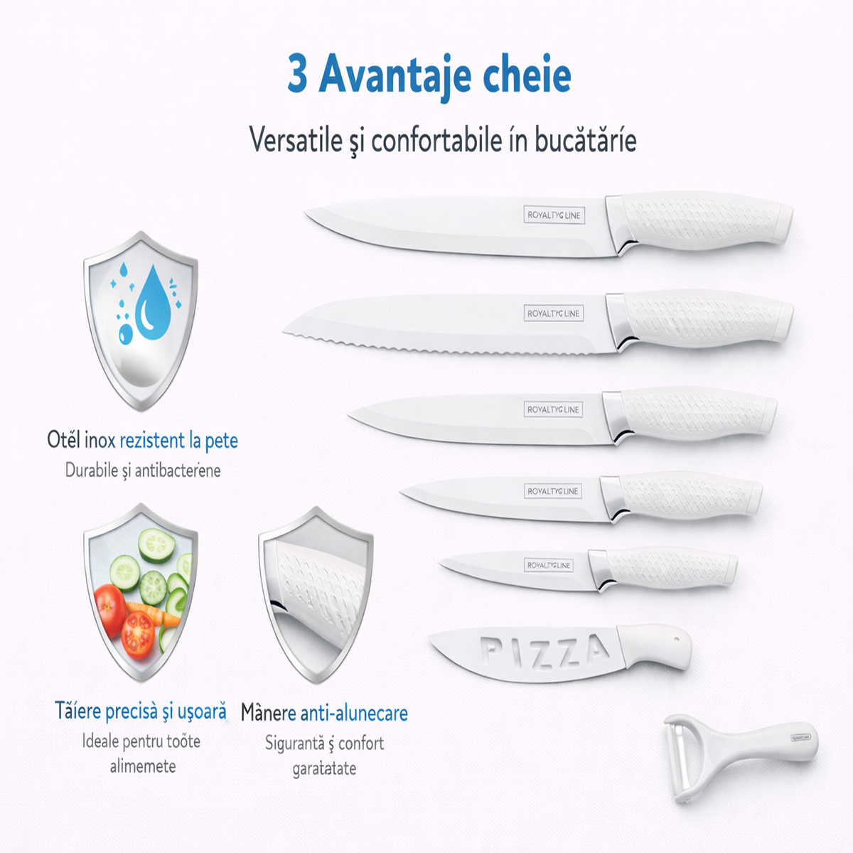 Set Cutite Bucatarie Royalty Line, 7 Piese, Inox cu Strat Antiaderent, Alb, Peeler Ceramic Inclus