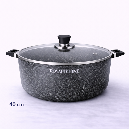Oala din Aluminiu Turnat 40 cm, 19.5L, Acoperire Marmura, Capac Sticla, Royalty Line