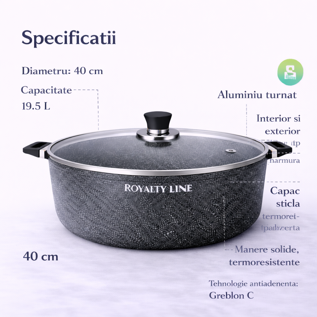 Oala din Aluminiu Turnat 40 cm, 19.5L, Acoperire Marmura, Capac Sticla, Royalty Line