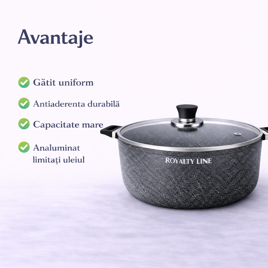 Oala din Aluminiu Turnat 40 cm, 19.5L, Acoperire Marmura, Capac Sticla, Royalty Line
