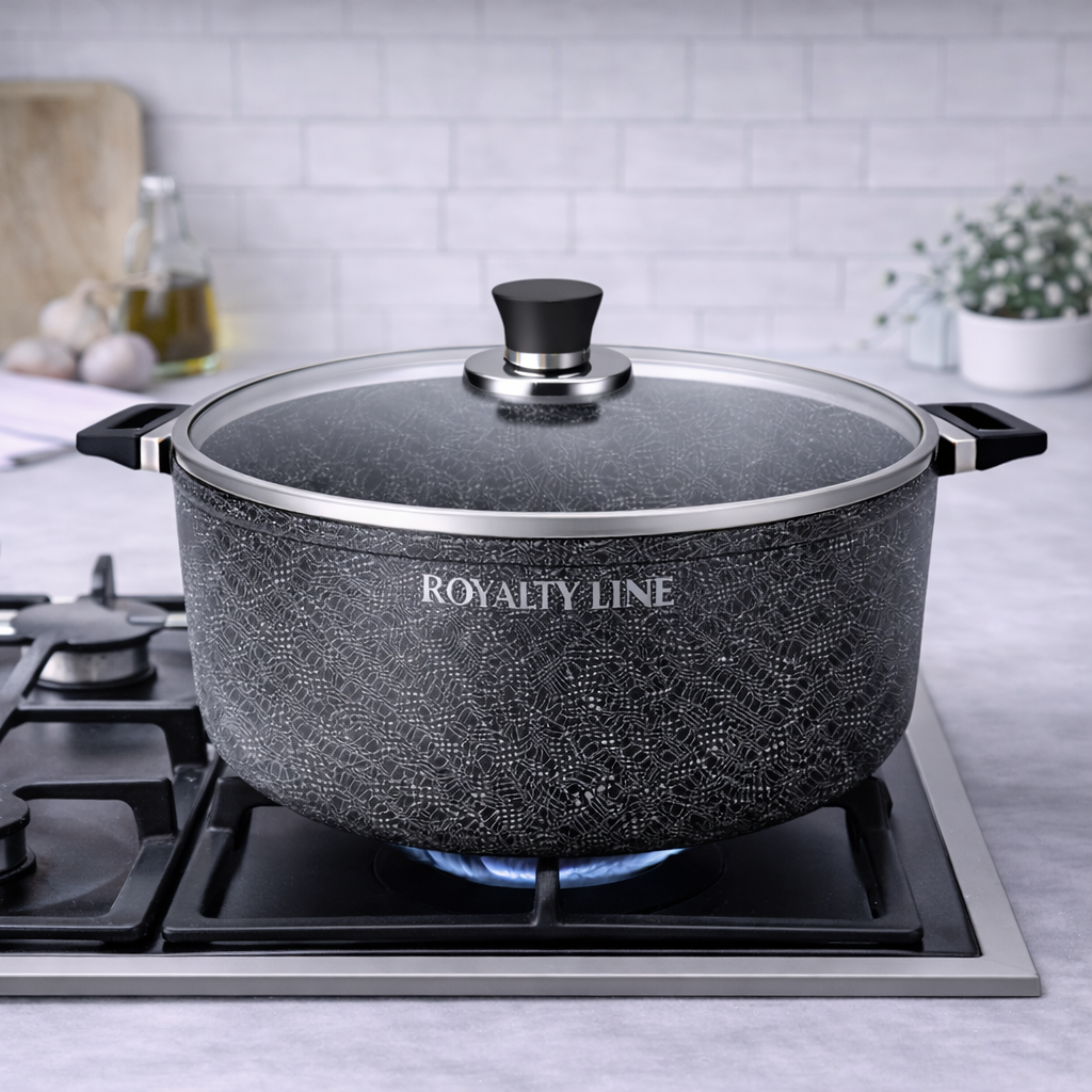 Oala din Aluminiu Turnat 40 cm, 19.5L, Acoperire Marmura, Capac Sticla, Royalty Line