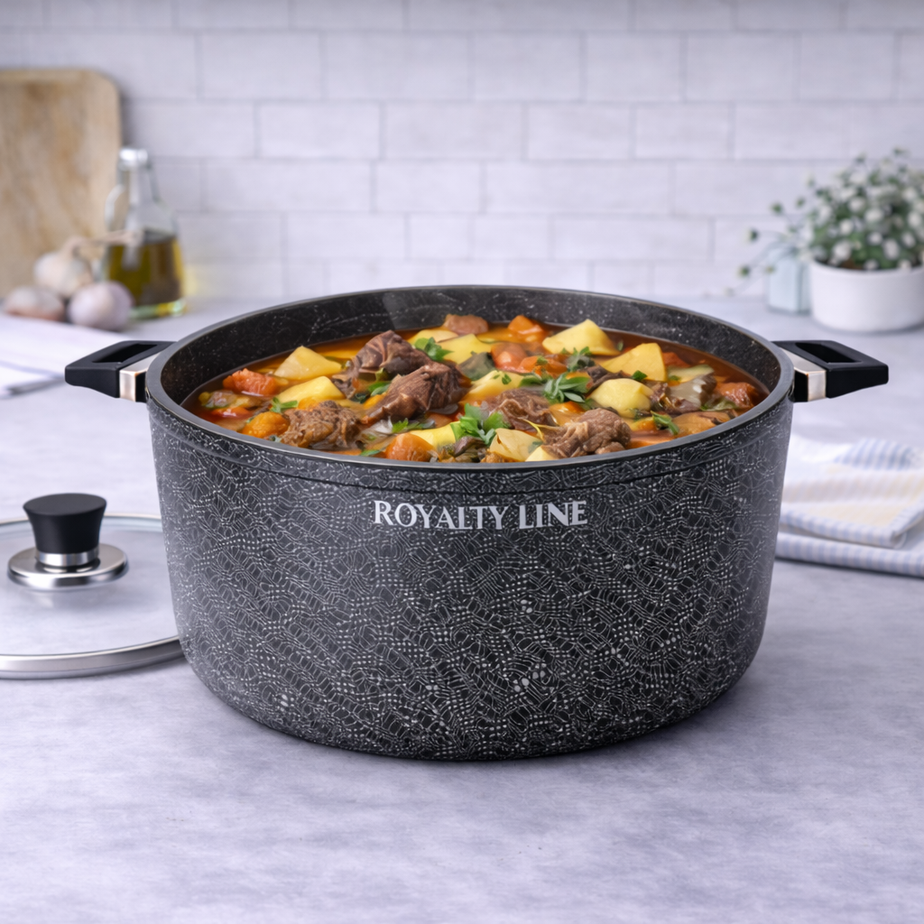 Oala din Aluminiu Turnat 40 cm, 19.5L, Acoperire Marmura, Capac Sticla, Royalty Line