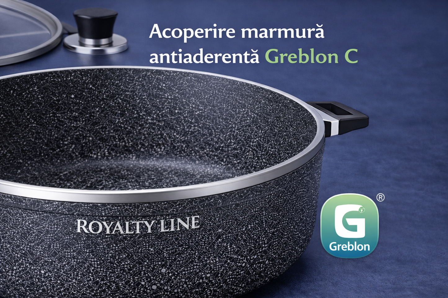 Oala din Aluminiu Turnat 44 cm, 24L, Acoperire Marmura, Capac Sticla, Royalty Line