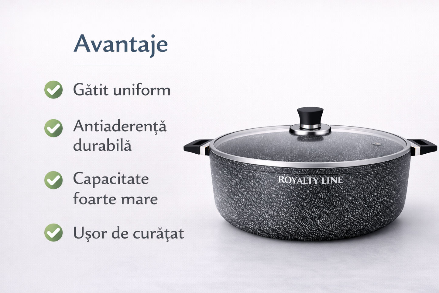 Oala din Aluminiu Turnat 44 cm, 24L, Acoperire Marmura, Capac Sticla, Royalty Line
