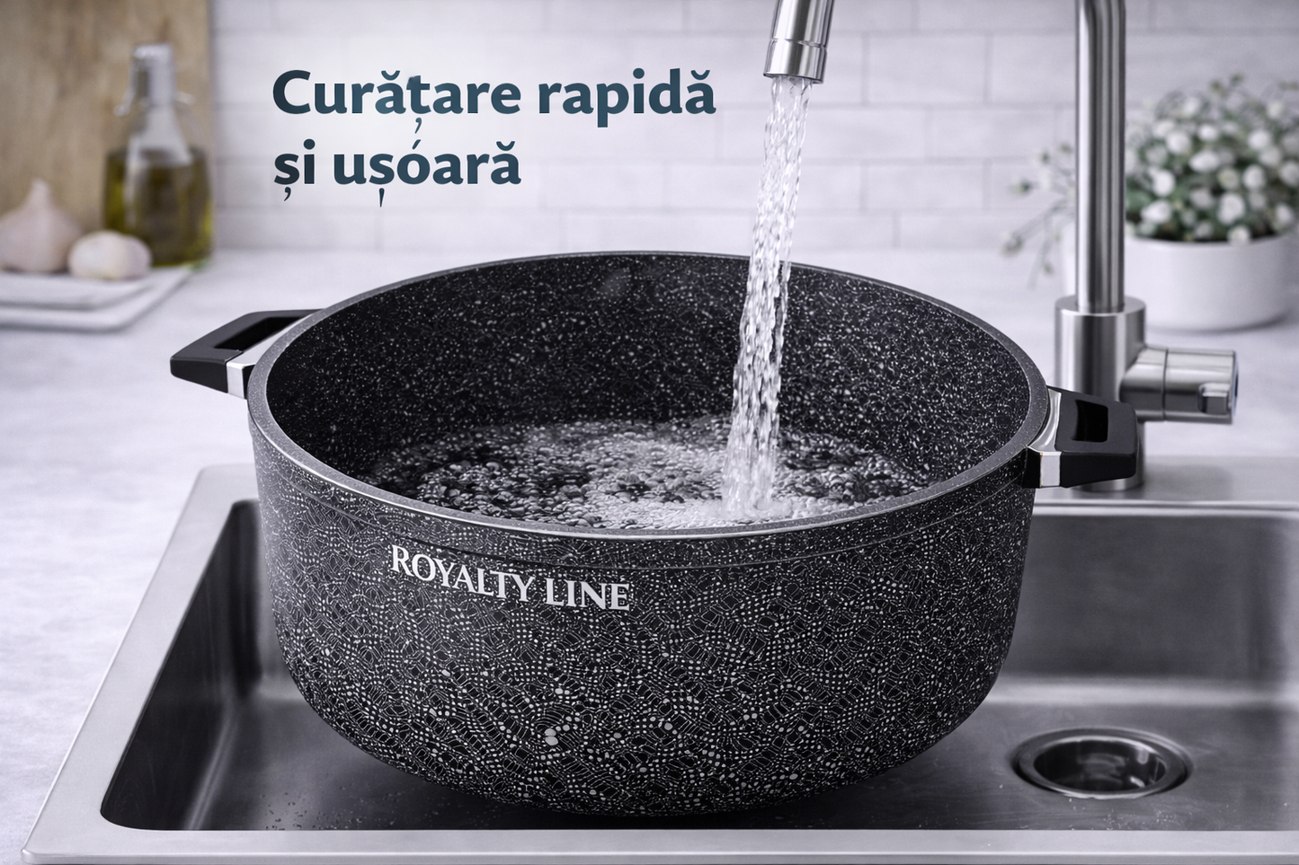 Oala din Aluminiu Turnat 44 cm, 24L, Acoperire Marmura, Capac Sticla, Royalty Line