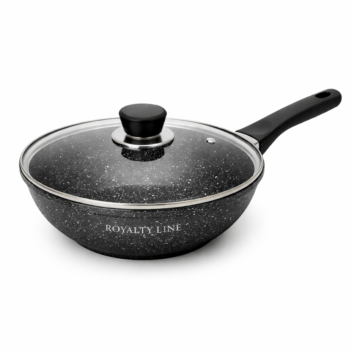 Wok din Aluminiu Turnat 28 cm, 3.7L, Acoperire Marmura, Capac Sticla, Royalty Line