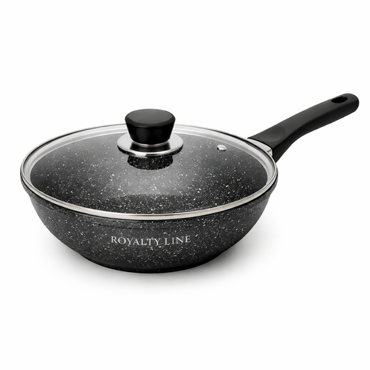 Wok din Aluminiu Turnat 28 cm, 3.7L, Acoperire Marmura, Capac Sticla, Royalty Line
