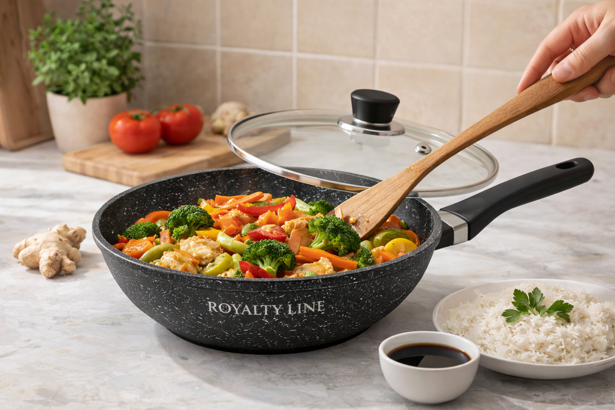 Wok din Aluminiu Turnat 28 cm, 3.7L, Acoperire Marmura, Capac Sticla, Royalty Line