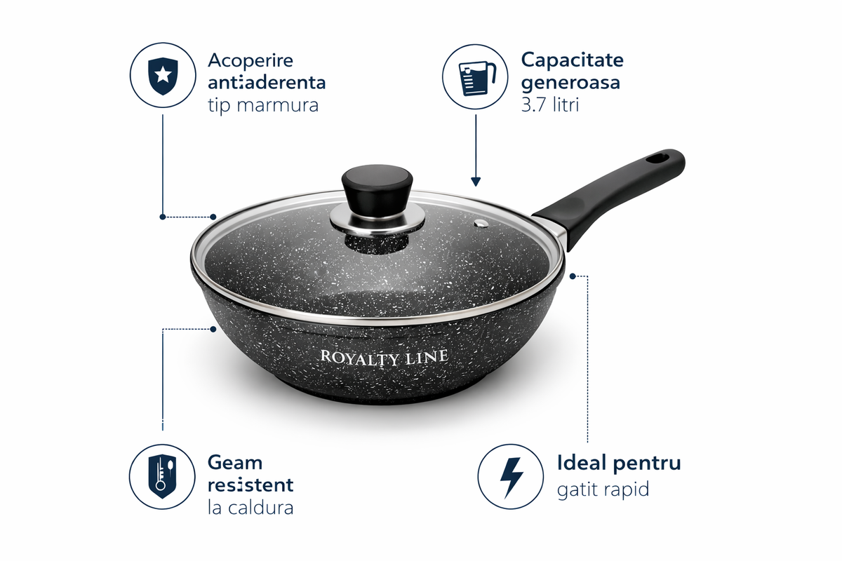 Wok din Aluminiu Turnat 28 cm, 3.7L, Acoperire Marmura, Capac Sticla, Royalty Line